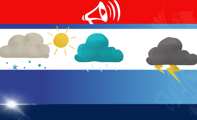Weather service disruptions Graphic showing different types of weather and a red megaphone icon