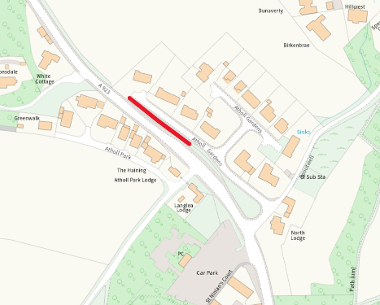 Map showing the location and extent (red line) of the sediment removal works in the Sawmill Burn at the culvert inlet at Atholl Gardens, Dunkeld