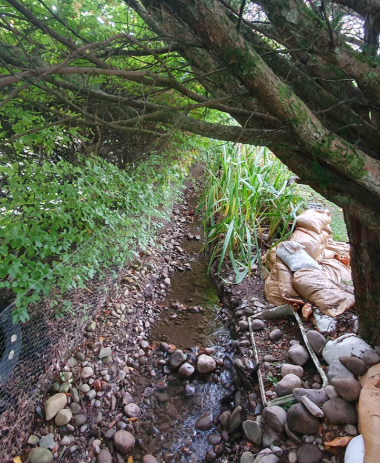 Photograph showing the Sawmill Burn at the culvert inlet at Atholl Gardens, Dunkeld before the sediment removal works