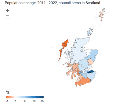Coloured map of Scotland showing Council area population change 2011 to 2022