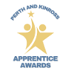 Two people icons reaching for a star, but shaped together in a way that indicates that they also make a star shape with the text Perth and Kinross Apprentice Awards