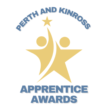 Two people icons reaching for a star, but shaped together in a way that indicates that they also make a star shape with the text Perth and Kinross Apprentice Awards