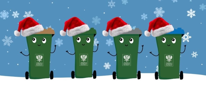 Wheelie bins wearing santa hats