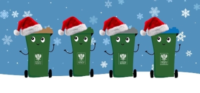Wheelie bins wearing santa hats
