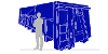 Graphic showing the size of a 35 cubic yard skip in comparison to a person